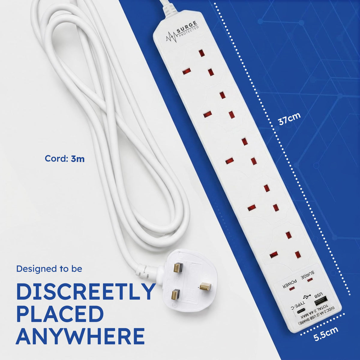 DESIRETECH Black Electric Extension Lead - 4 Gang, 1 Metre Cable with UK Plug & 3 Pin Socket - Wall Mountable & Multi Socket Mains Strip for Home, Bedroom, Kitchen, & Office (1 Pack)