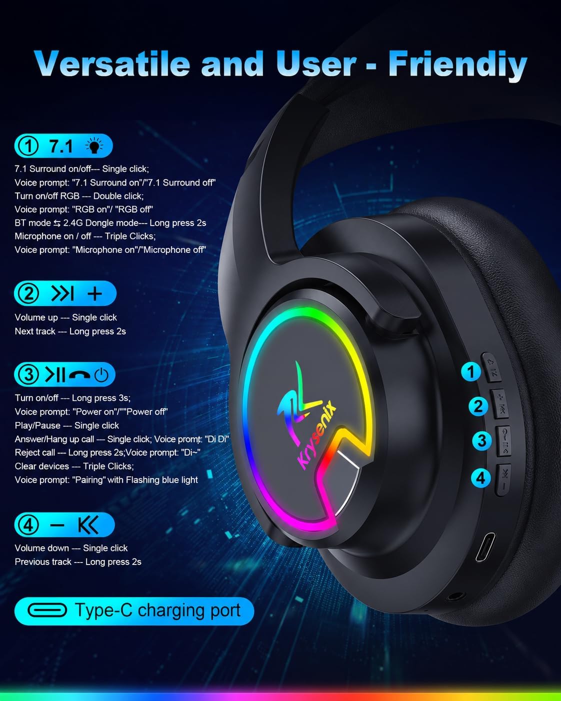 Krysenix PG3 Wireless Gaming Headset with Mic for PS5, PC, PS4, Mac, Switch
