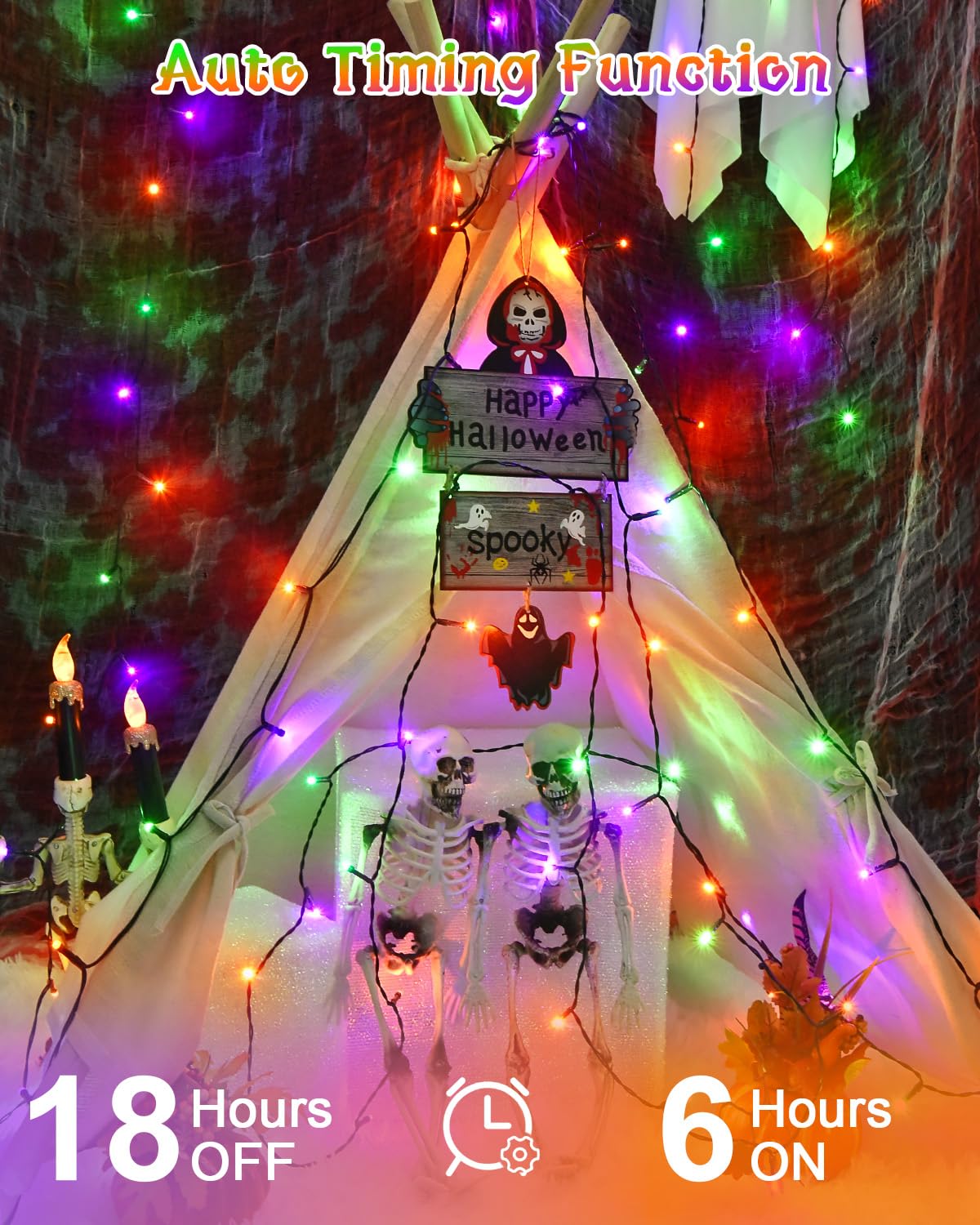 Dalugo Halloween Decoration Lights, 5M 50 LED Orange Purple White Fairy Lights with Timer, IP65 Waterproof Battery Powered Lights for Indoor Outdoor Autumn Halloween Decorations(Green Wire)
