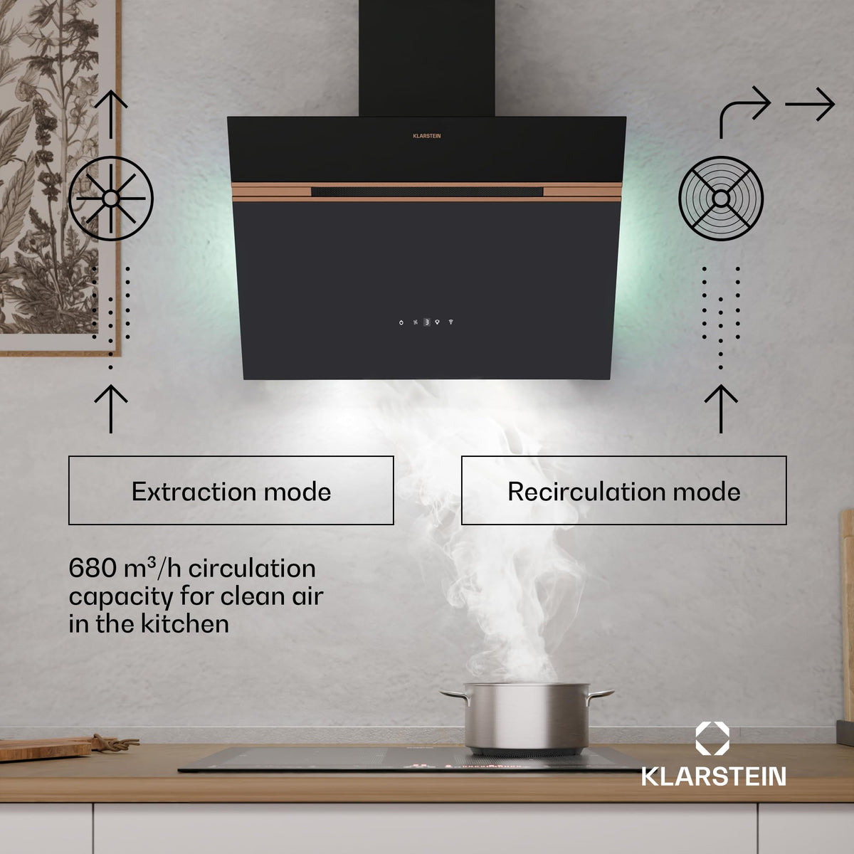 Klarstein Alina 90 Angled Cooker Hood - 615m³/h Air Flow, Touch Panel, LED Backlighting, Quiet 63dB, Energy Class A, 90cm Extractor Hood, Black