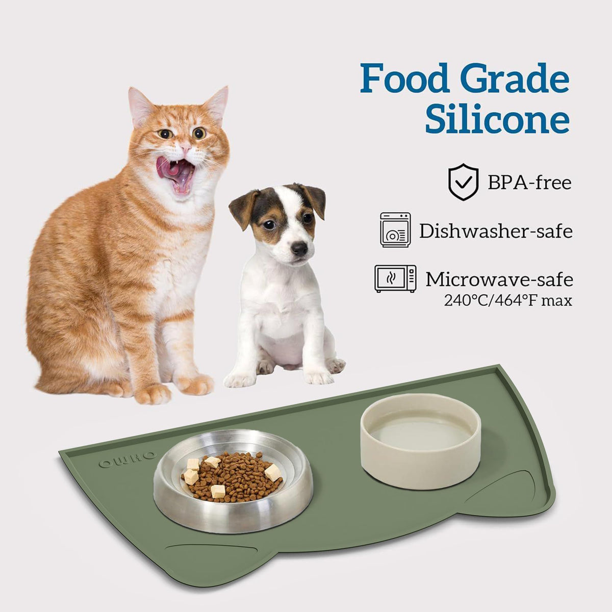 OHMO Silicone Cat Food Mat for Food&Water Bowls, 46x25cm, Camo Green