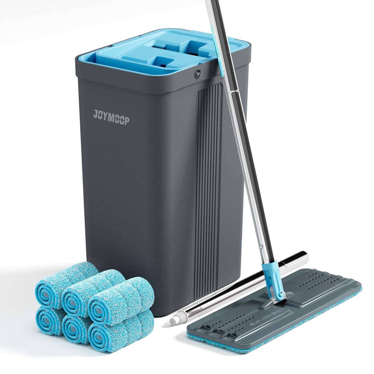 JOYMOOP Mop and Bucket with Wringer Set, Hands Free Flat Floor Mop and Bucket, with 3 Washable Microfiber Pads, Wet and Dry Use, Floor Cleaning System