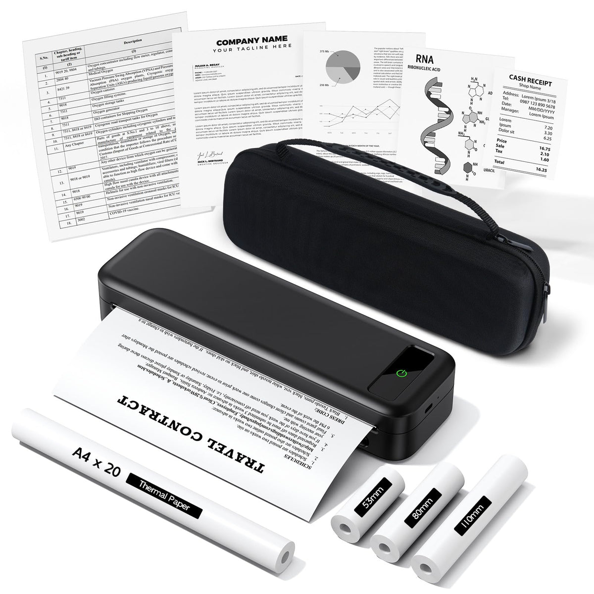 Portable Thermal Printer A4 Inkless Wireless Bluetooth Small Mobile - Black