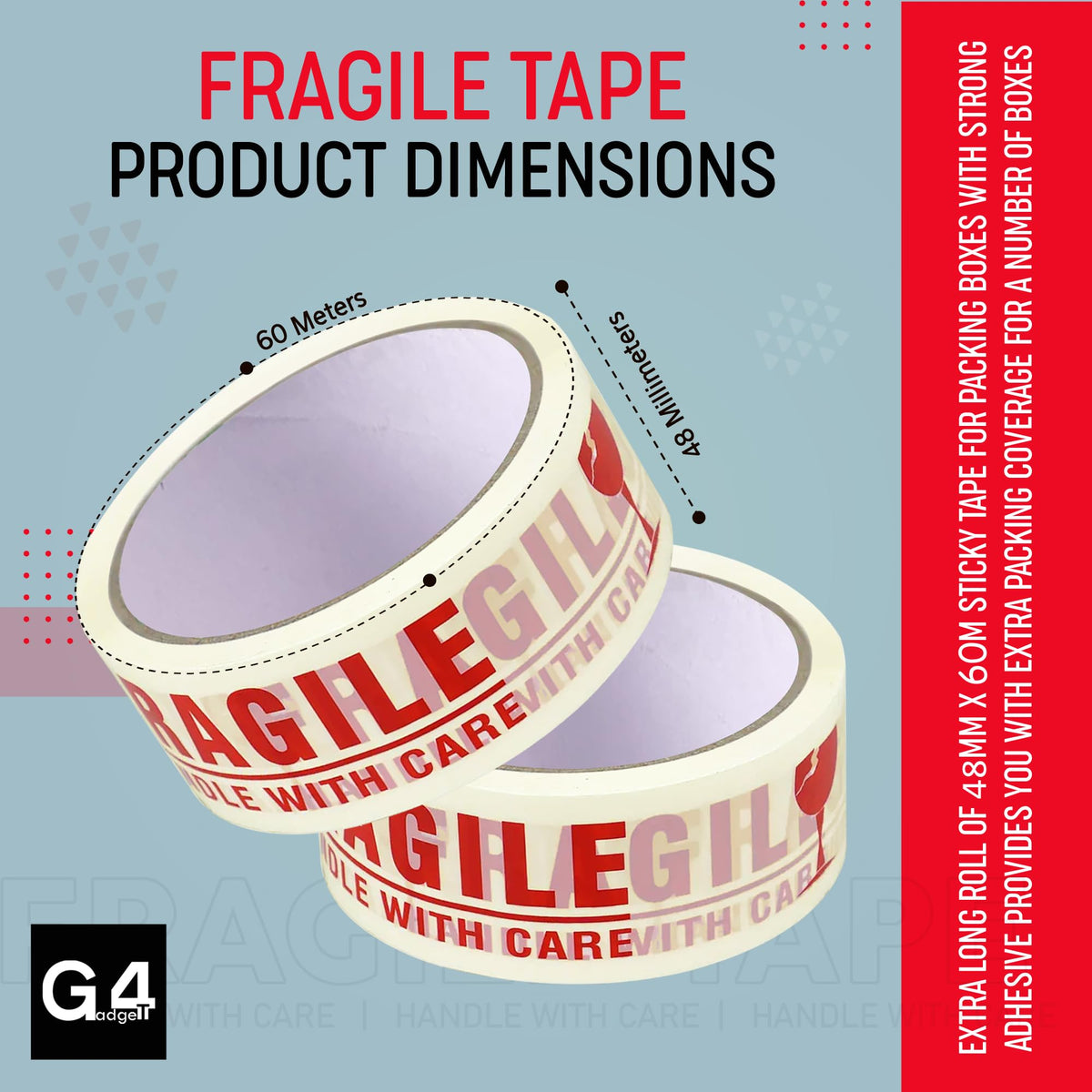 G4GADGET Pack of 3 Clear Packing Tape - Heavy Duty Transparent Tape 48mm x 66m - Ideal for Moving, Packing Boxes, and Secure Packaging