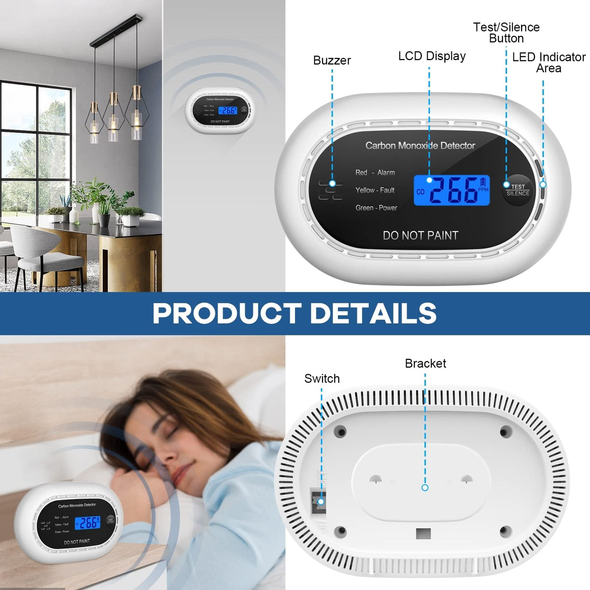XINDUM Carbon Monoxide Detector 10-Year Battery LCD Display CE Black 2Pack