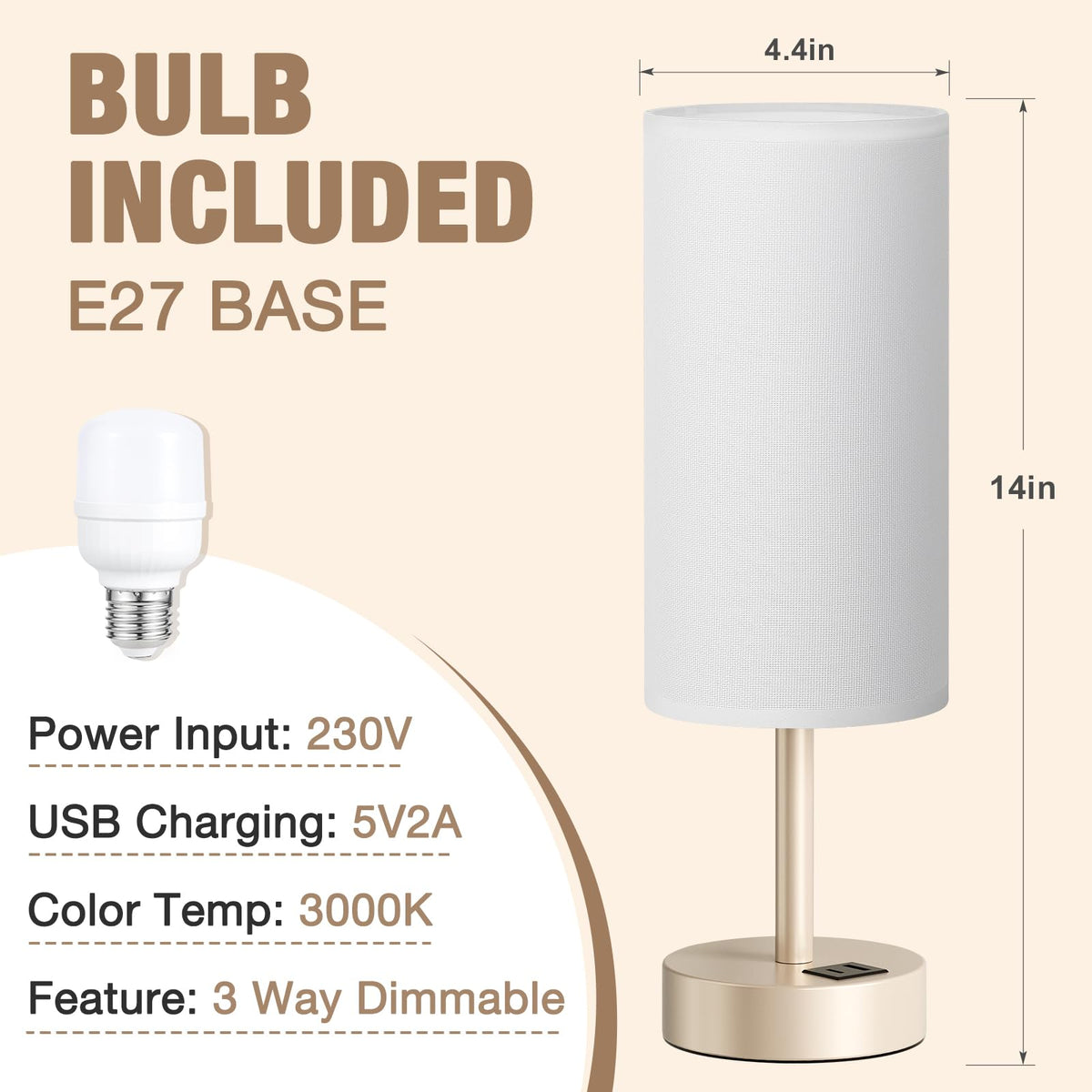 Aooshine Grey Table Lamp, 3-Way Dimmable, USB A + C Charging