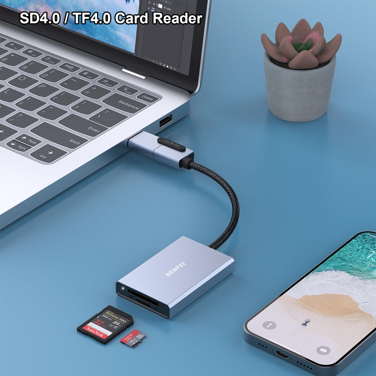 Memory Card Reader, BENFEI 4in1 USB 3.0 and USB-C to SD Micro SD MS CF Card Reader Adapter, 4 Cards Simultaneously Read and Write, Compatible with iPhone 15 series, MacBook Pro/Air 2023, and More
