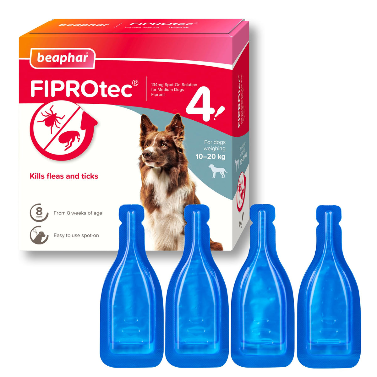 Beaphar - FIPROtec Spot-On Flea & Tick Treatment for Medium Dogs 10-20kg - 6 Pipettes - Kills Fleas & Ticks – Veterinary Medicine - Easy to Apply Monthly - Suitable for Dogs & Puppies from 8 Weeks