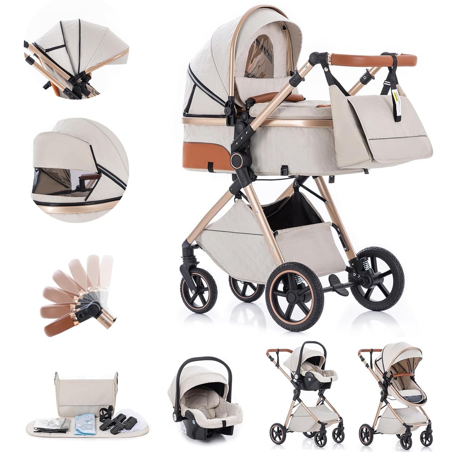 Gcarebb 3 in 1 Prams Travel System, Pushchair with Height Adjustable Handle, Travel Pram with Rain Cover, Baby Stroller with Aluminum Frame for Newborn