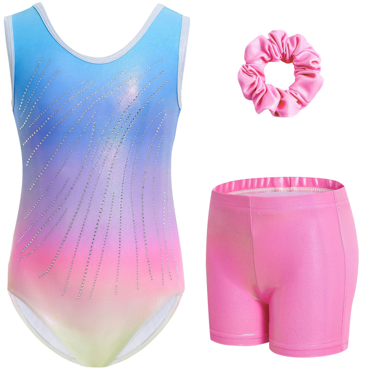 Gogokids Girls' Three-Piece Gymnastics Set, Sleeveless Leotards with Shorts and Hairband, Sparkling Ballet Dancing Unitards - Gymnastics Outfit with Gradient Color Design for 3-12 Years