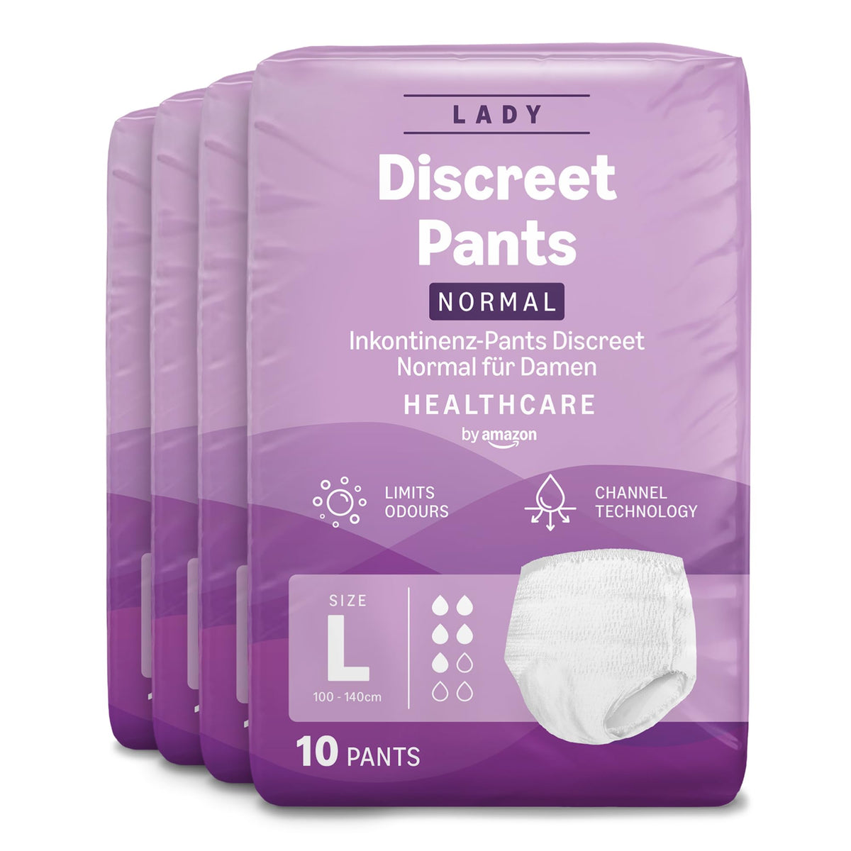 Healthcare by Amazon Discreet Incontinence Lady Pants, Plus Absorbency, Large, 40 Count (4 Packs of 10), White, (Previously Amazon Basic Care) - Packaging May Vary