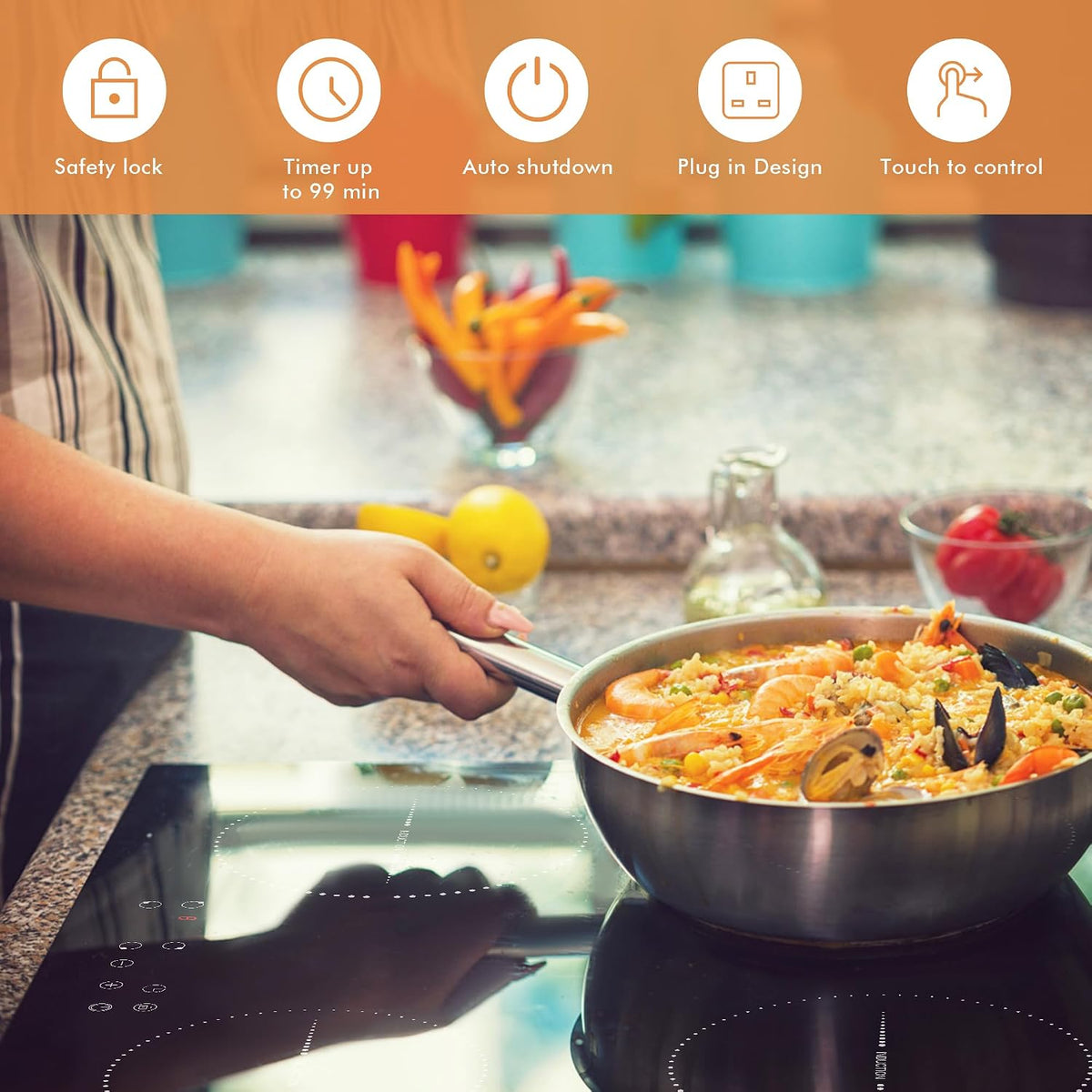 Noxton Plug in Induction Hob, 4 Zones Electric Hob 60cm, Touch Control with Child Safety Lock,UP to 99 Min Timer Black Crystal Glass