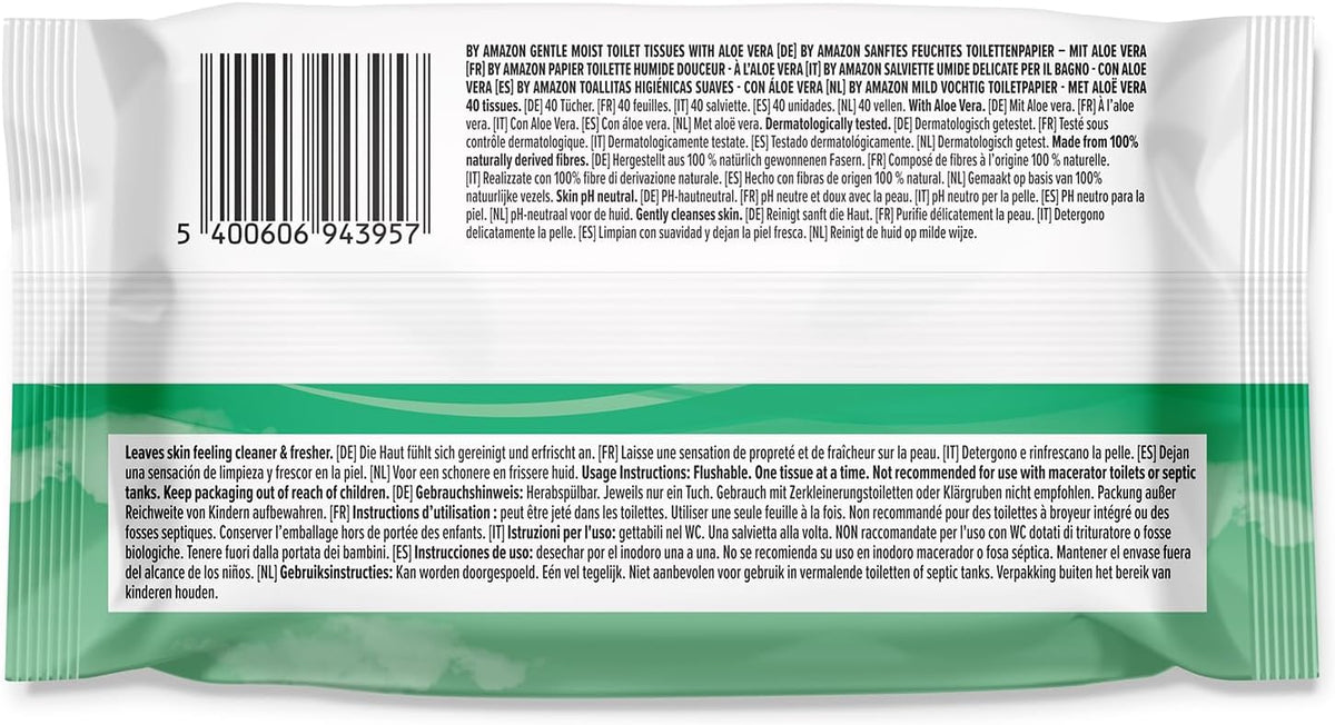 by Amazon Gentle Moist Toilet Tissues with Aloe Vera, Flushable, 240 Count (6 Packs of 40 sheets)