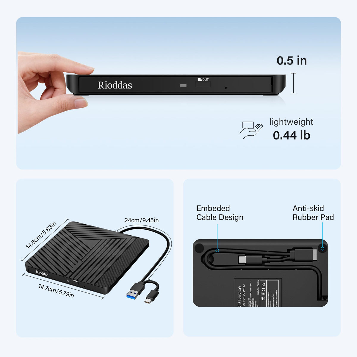 Rioddas External CD Drive, USB 3.0 Portable CD/DVD +/-RW Drive Slim DVD/CD ROM Rewriter Burner for Laptop Desktop PC Windows and Linux OS Apple Mac Macbook Pro