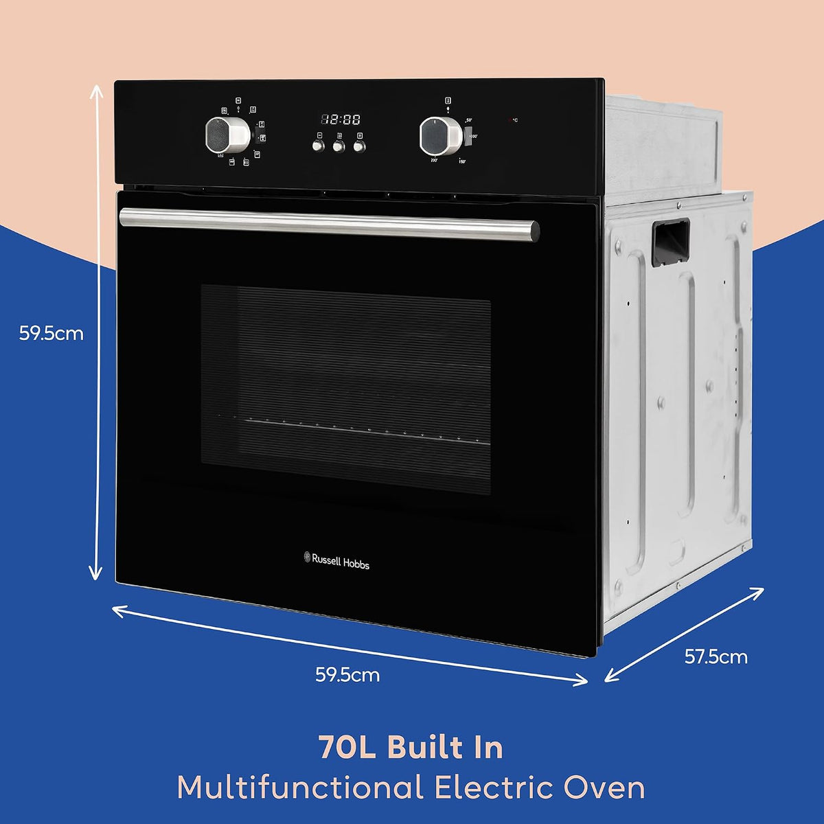 Russell Hobbs Built-in Multifunctional Electric Fan-Assisted Oven 70L in Black with 10 Functions, Double-Glazed Door, A Energy Rating, Grill Function, LED Clock & Timer, Easy-Clean Interior, RHEO7011B