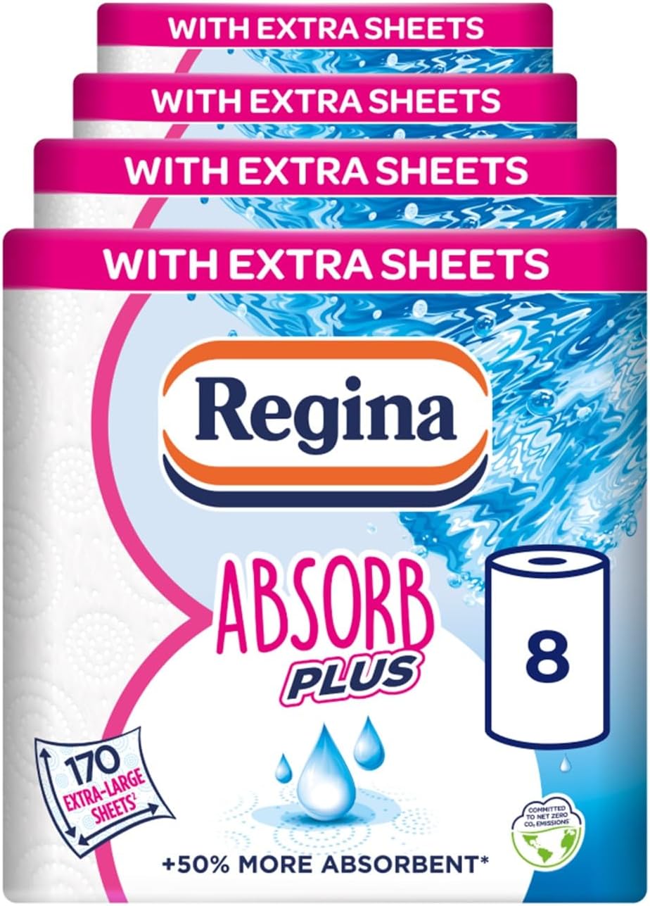 Regina Absorb Plus Kitchen Towels – 8 Super Absorbent 2-ply Kitchen Rolls, 85 Sheets Per Roll, Extra-Large Sheets, 50 Percent More Absorbent Than Previous XXL Products, Easy Open Pack