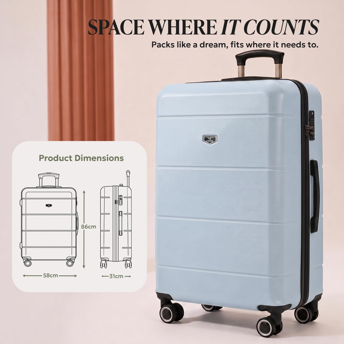 LUGG Jetset 40cm Suitcase 40x30x20cm, Ryanair Compatible Underseat Size, Hard Shell ABS, Spinner with Removable Wheels, Lightweight Travel Luggage, 1 Year Warranty