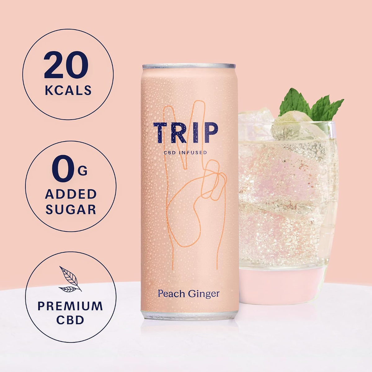 TRIP Sparkling Drink, Low Calorie, Vegan, Peach Ginger, 12 pack