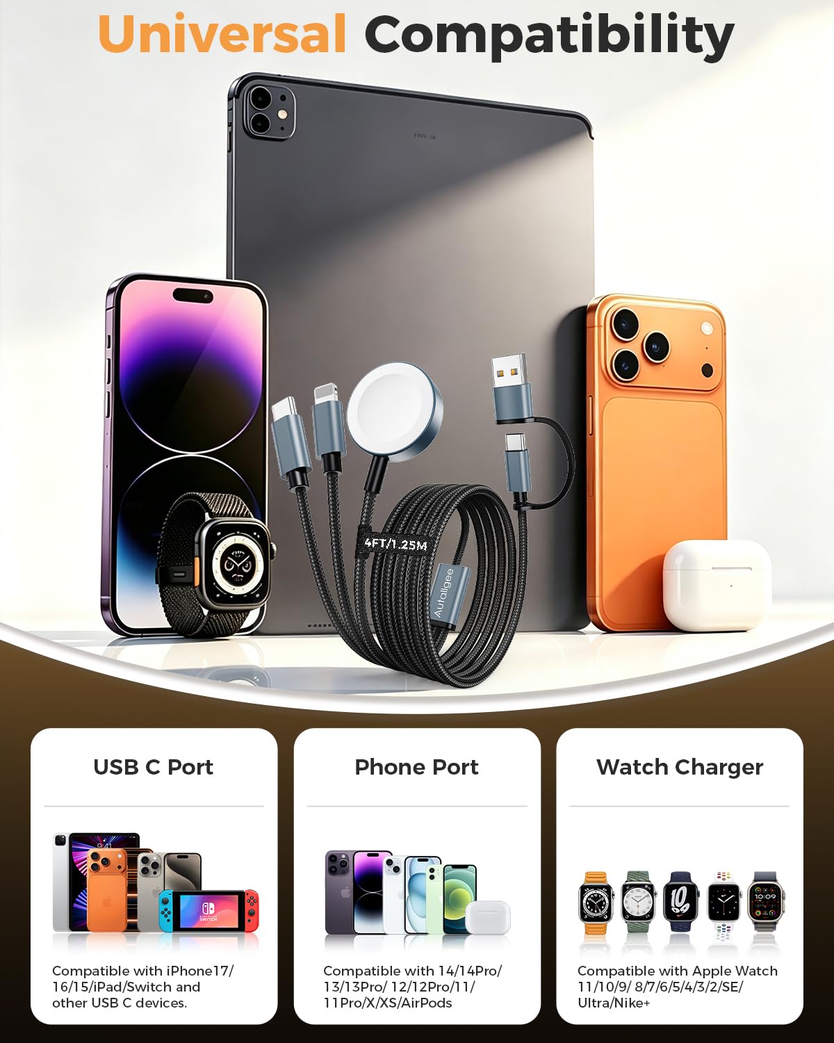 Upgraded 3 in 2 Apple Watch Charger iPhone Charger Cable Travel Essentials