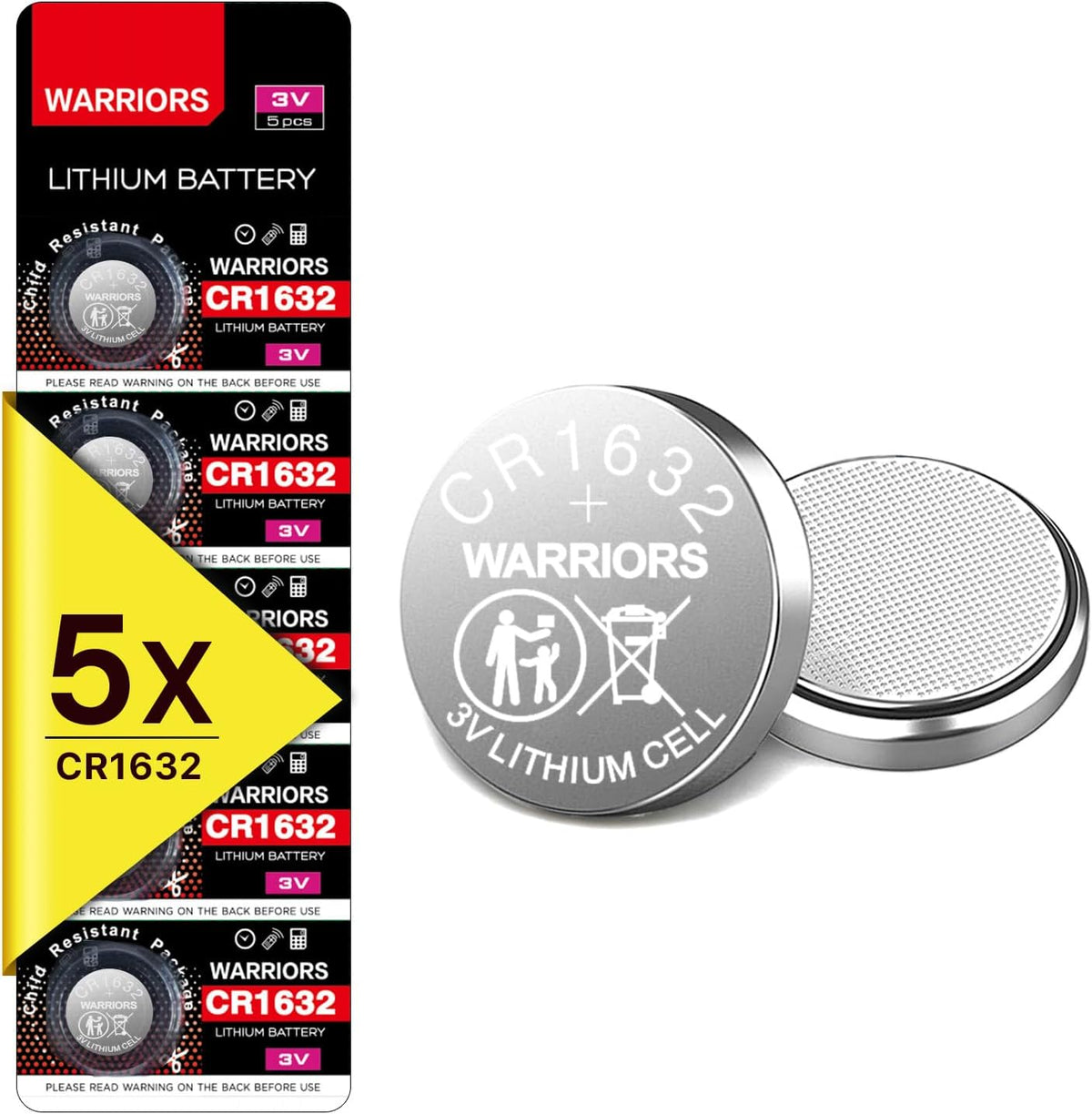 Warriors 5X CR1632 Batteries, 3V Lithium Coin Batteries