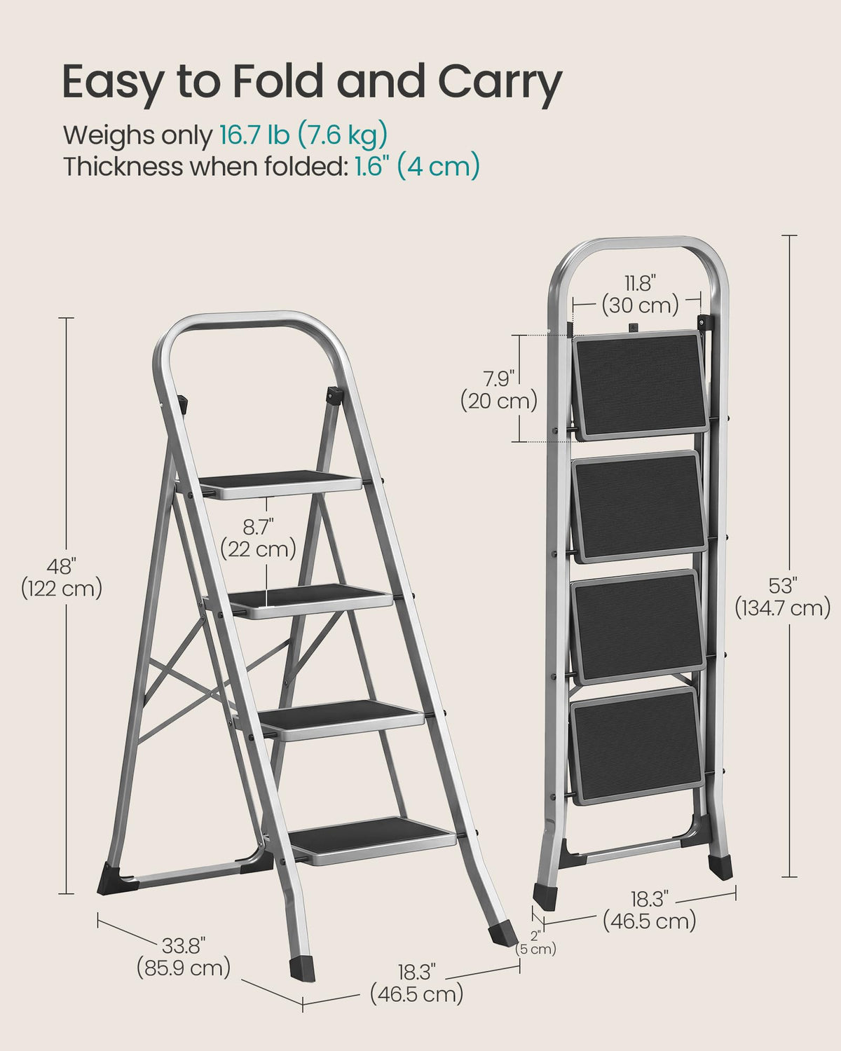 SONGMICS 2-Step Ladder, Folding Step Ladder, Safety, Holds up to 150KG
