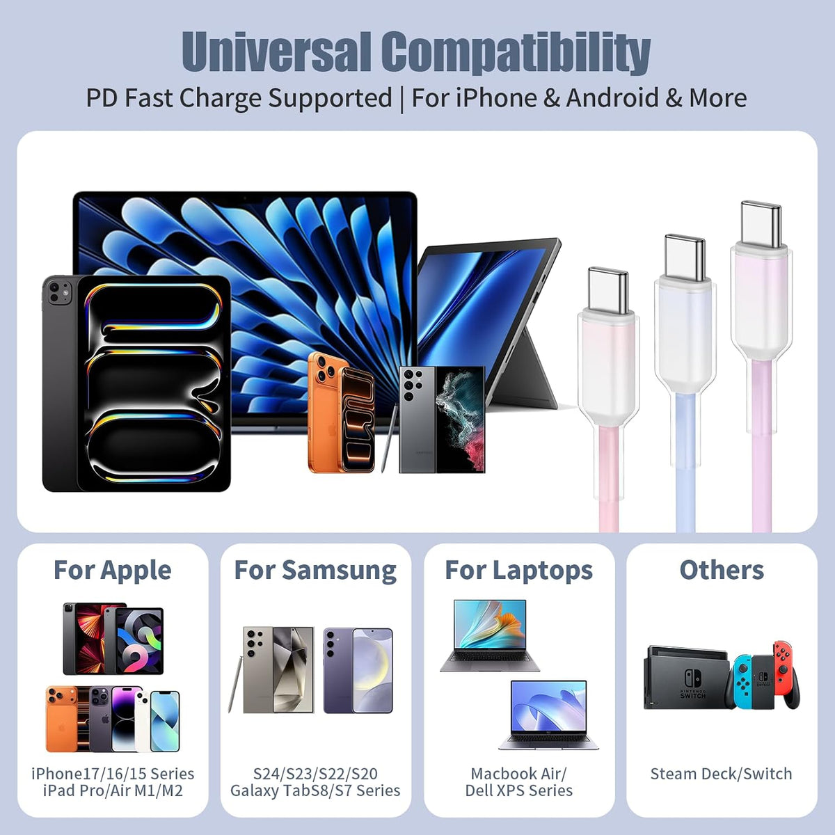 Nebite USB C Charger Cable 3-Pack 3FT/1M USB A to USB C Cable