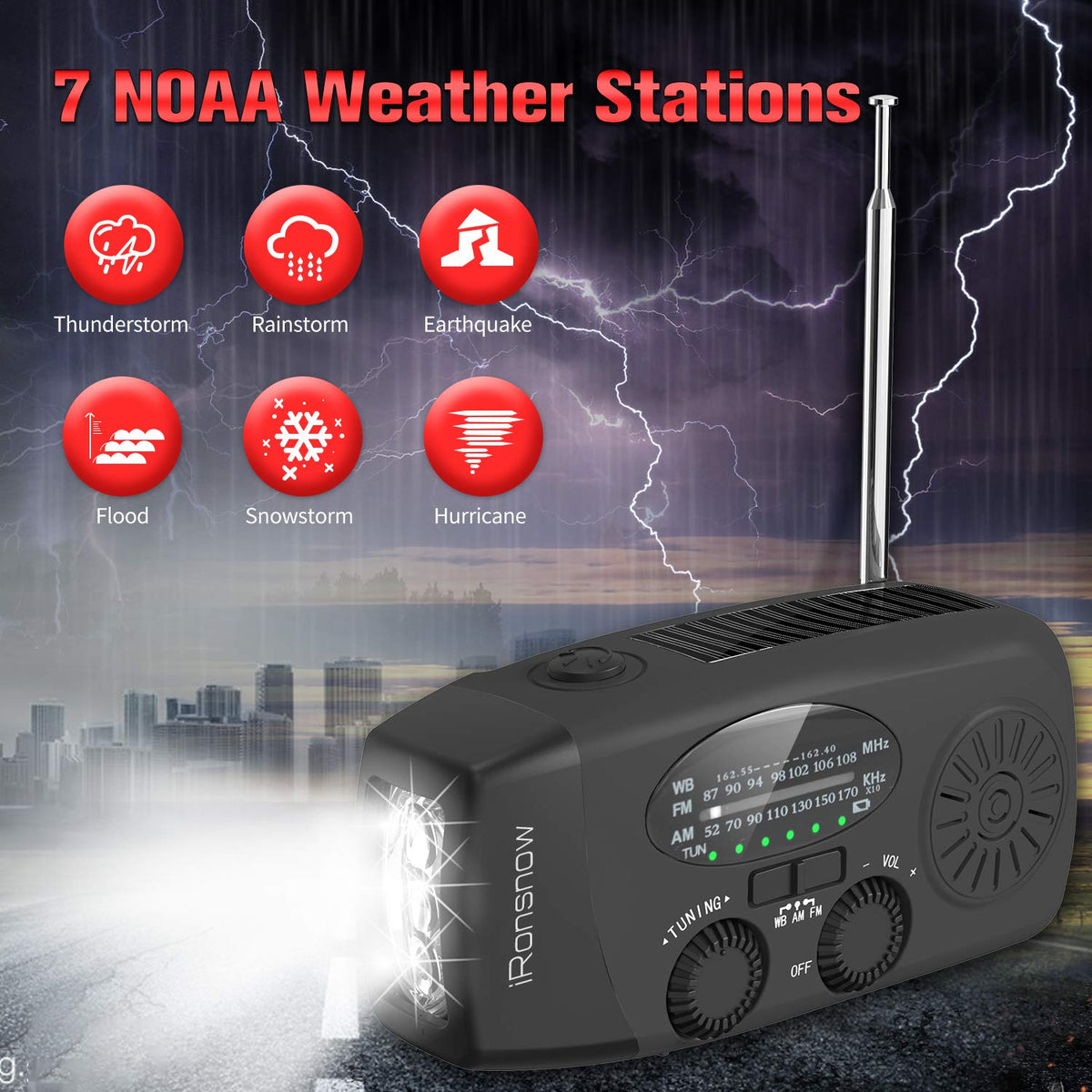5000mAh Wind Up Solar Radio, Emergency Crank Weather Radio, FM/AM Radios