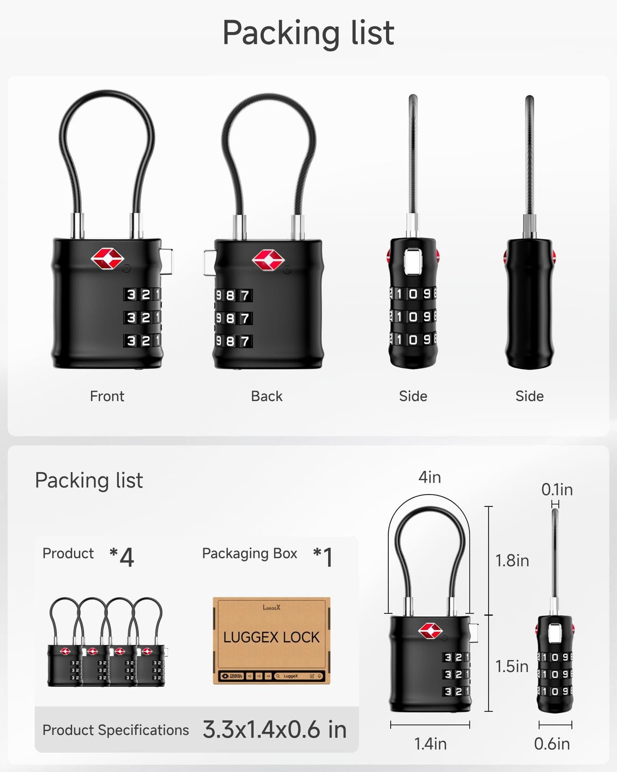 LUGGEX Suitcase Locks, Luggage Locks, TSA Approved Luggage Locks,Black,2