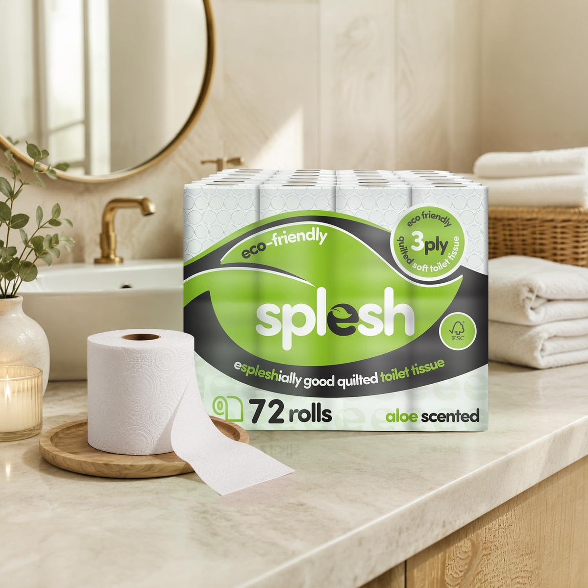 Splesh by Cusheen Toilet Roll 72 Rolls - Aloe Vera Scent Bulk Family Pack | Soft 3 Ply Quilted Bathroom Tissue Loo Rolls | Eco-Friendly, Sustainable Toilet Paper
