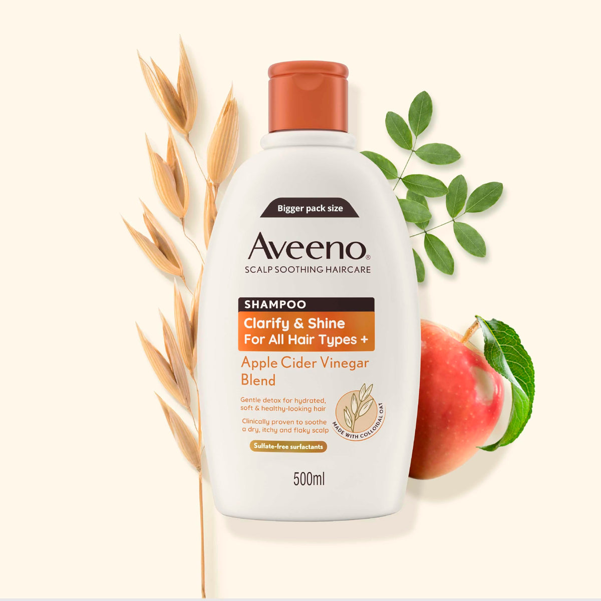 Aveeno Scalp Soothing Haircare Clarify & Shine Shampoo, Apple Cider Vinegar Blend, for All Hair Types, Soothes Dry, Itchy & Flaky Scalp, Clinically Proven, Sulfate Free, 300ml