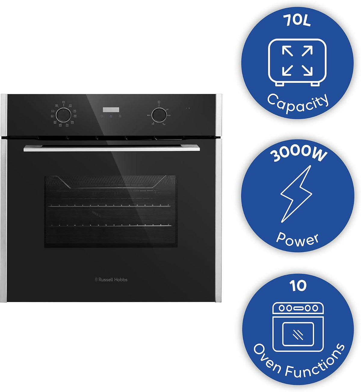 Russell Hobbs Built-in Multifunctional Electric Fan-Assisted Oven 70L in Black with 10 Functions, Double-Glazed Door, A Energy Rating, Grill Function, LED Clock & Timer, Easy-Clean Interior, RHEO7011B