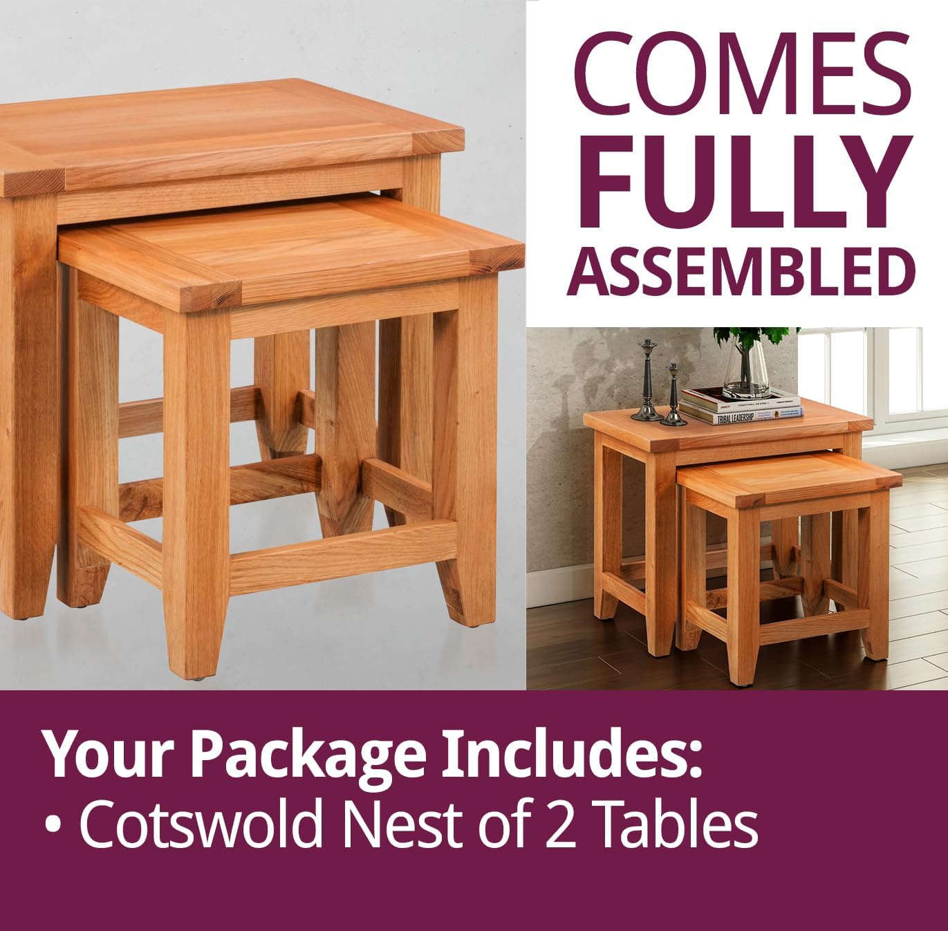 Hallowood Furniture Cotswold Nest of Tables Set of 2, Multifunctional Solid Oak Wooden Nesting Side, Coffee Table for Living Room, Bedroom or Small Spaces, Fully Assembled