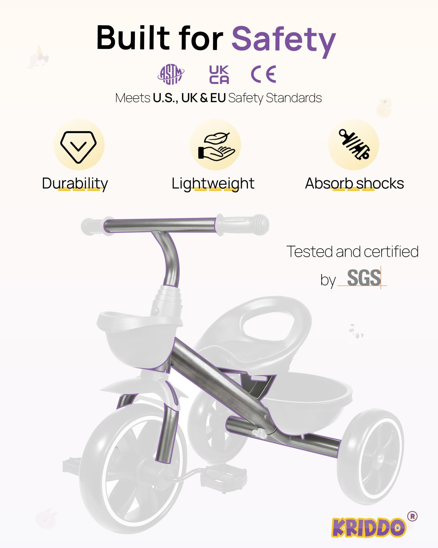 KRIDDO Toddler Tricycle — Anti-Tip Design, BPA-Free | Ages 18 Months to 4 Years | Pink