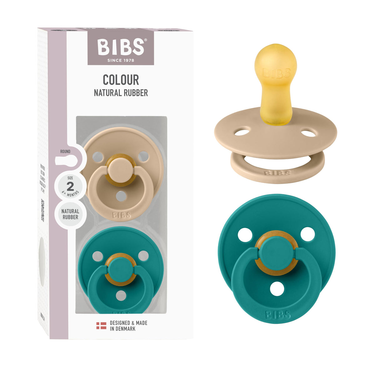 BIBS Colour Soother 2-Pack, BPA Free Dummy Pacifier, Round Nipple. Natural Rubber Latex, Made in Denmark, Size 2 (6-18 Months), Baby Blue