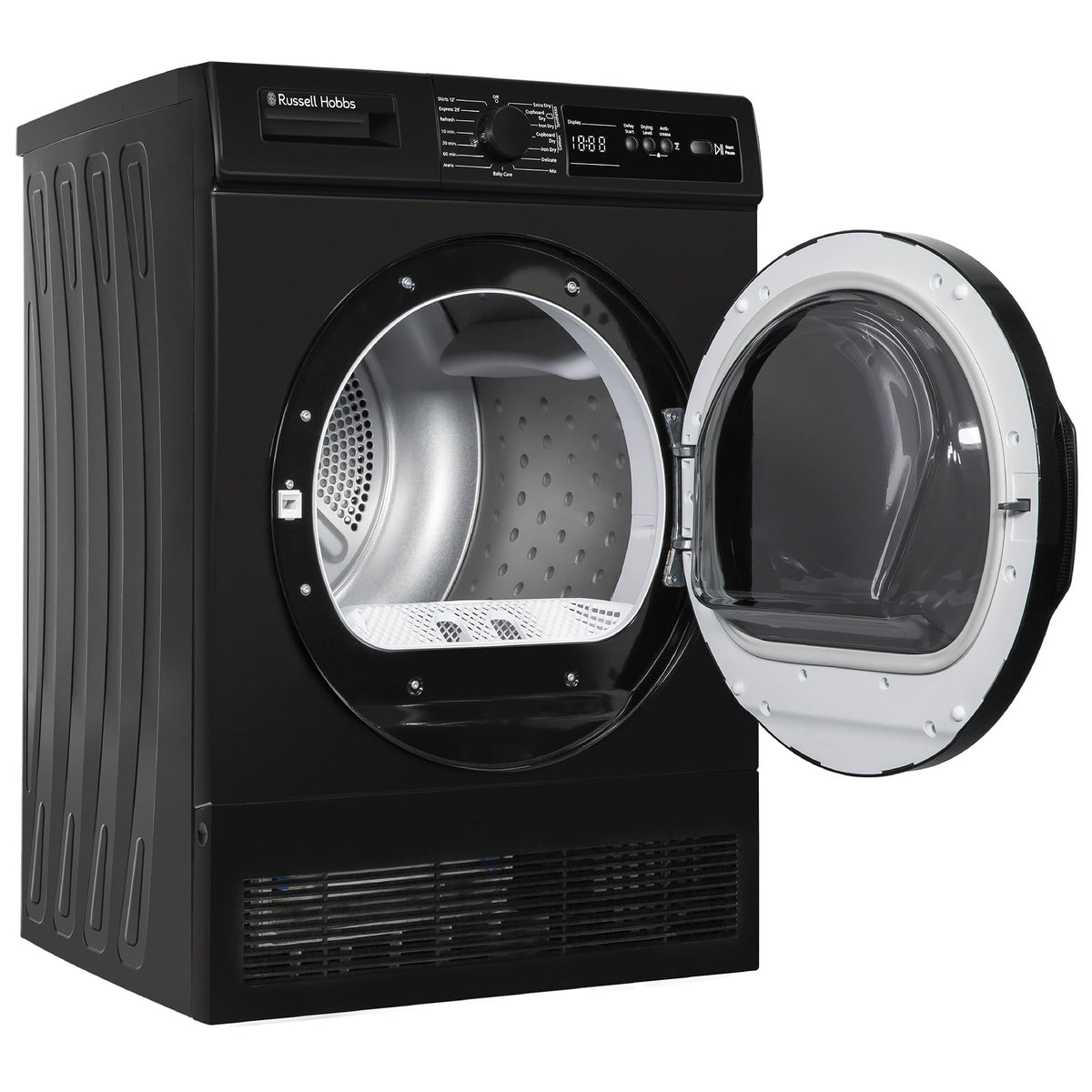 Russell Hobbs Freestanding Condenser Dryer Electric Tumble Dryer 15 Programmes 8kg Capacity 3 Heat Settings LED Display DelayStart Anti-Crease Child Lock Black Clothes Dryer RH8CTD111B