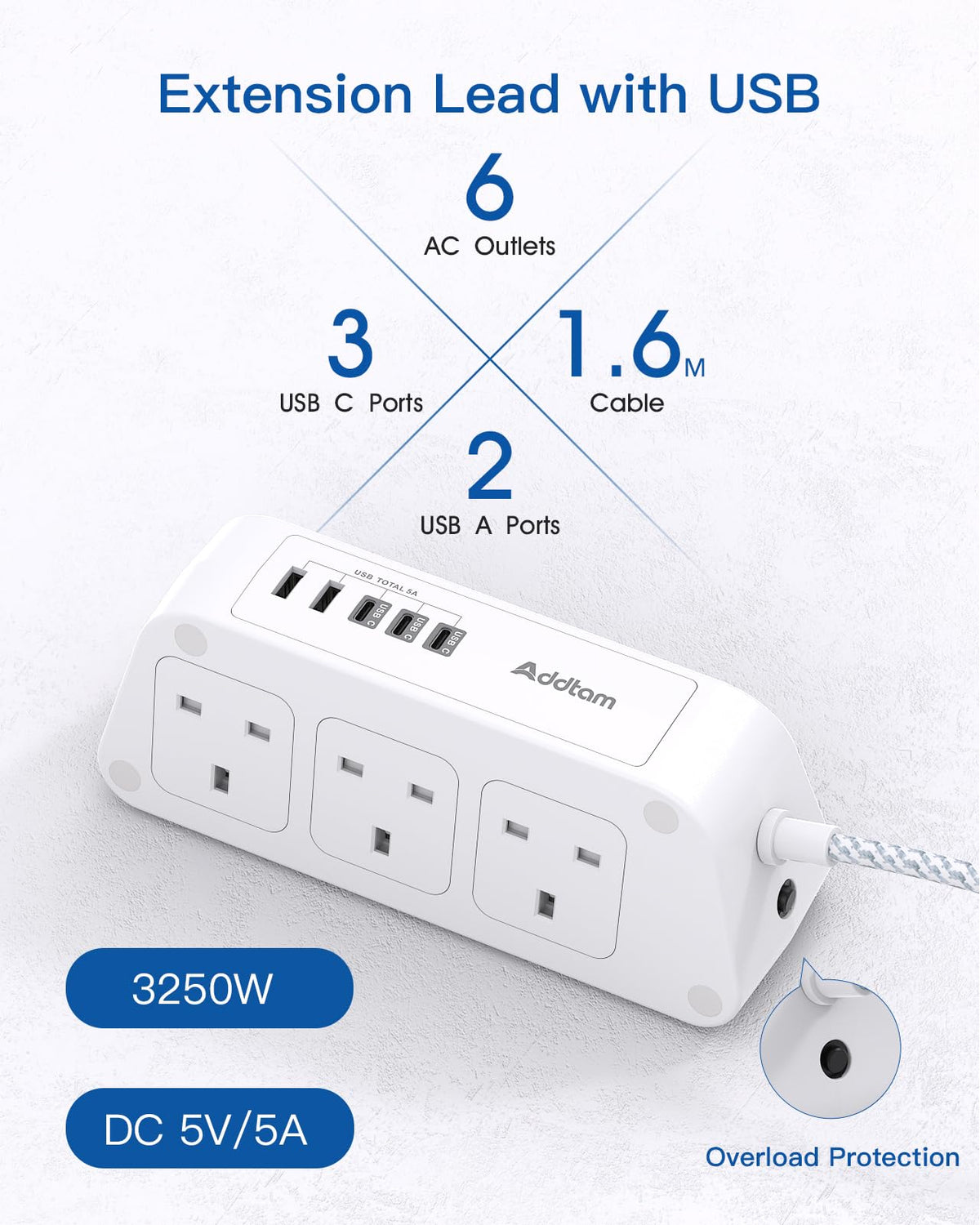Addtam Extension Lead with USB Slots, 6 Way Outlets 5 USB(5A, 3USB- C Port)