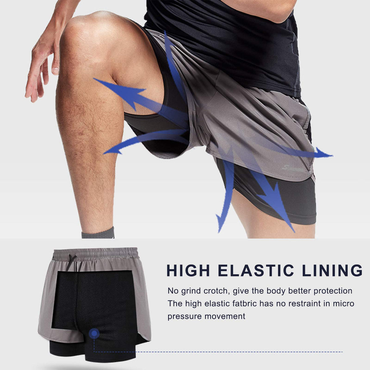 Mens Running Shorts Men's Gym Sports Short 2 in 1 with Phone Pocket Lightweight Quick Drying