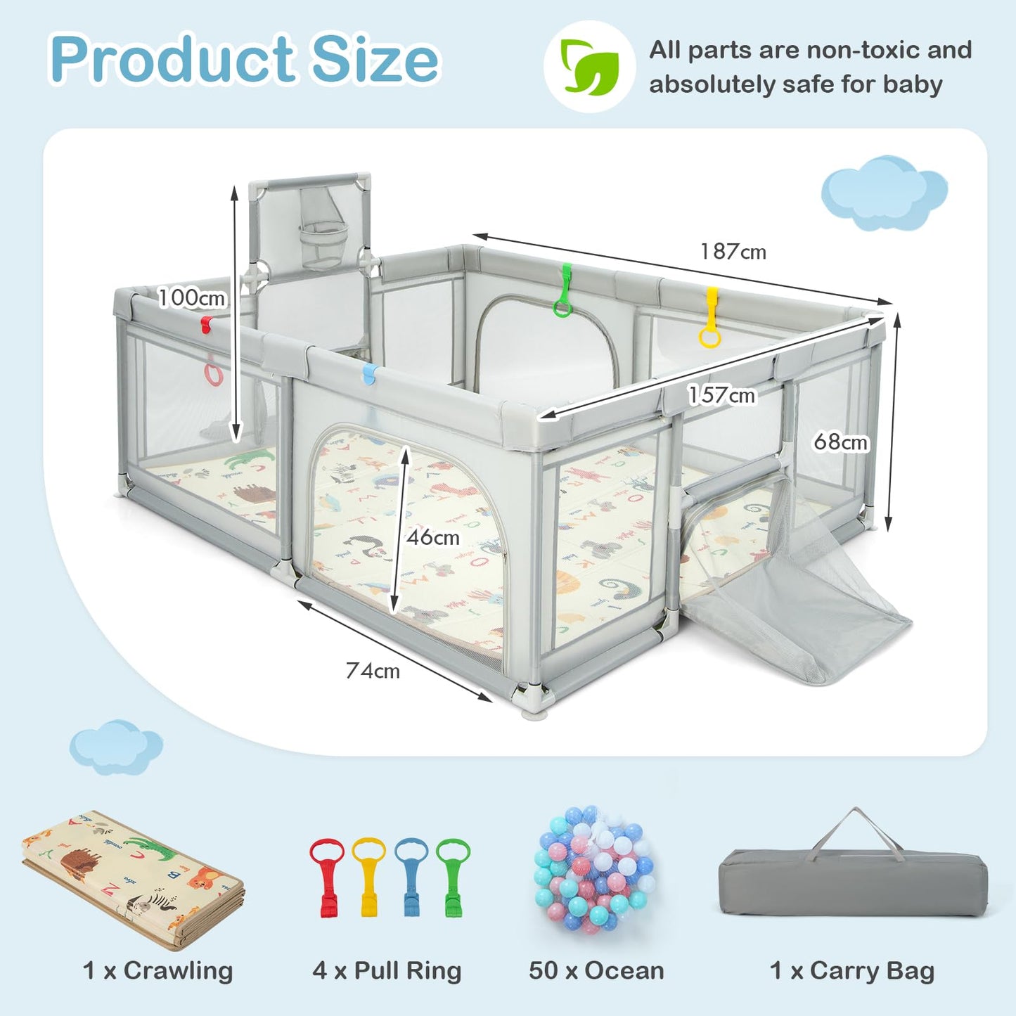 COSTWAY Baby Playpen, Toddler Mesh Play Pen with Mat, Pull Rings, Basketball Hoop, Football Nets, Ocean Balls, Indoor Outdoor Safety Playard for Babies and Toddlers (Light Gray, 207 x 142cm)