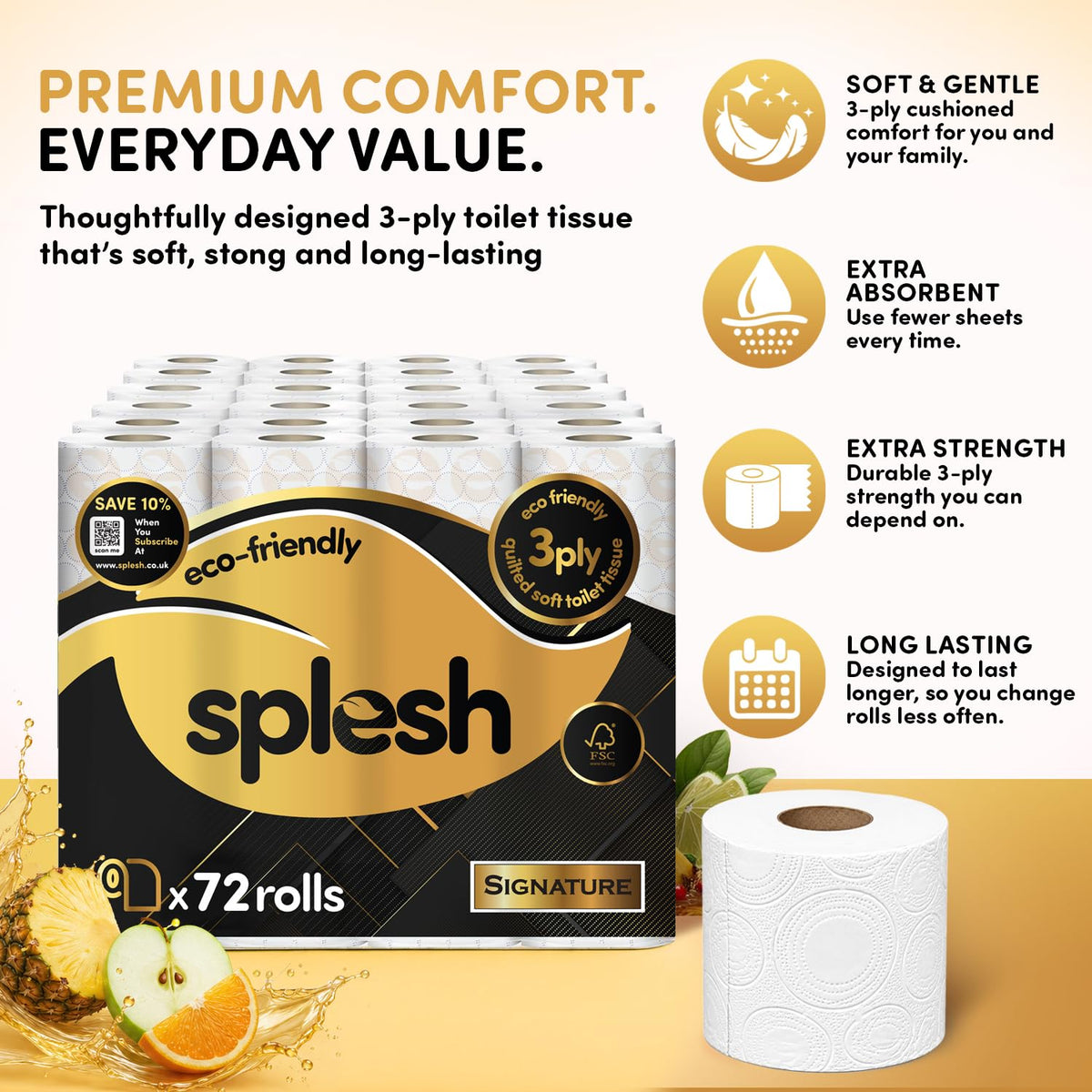 Splesh by Cusheen Toilet Roll 72 Rolls - Aloe Vera Scent Bulk Family Pack | Soft 3 Ply Quilted Bathroom Tissue Loo Rolls | Eco-Friendly, Sustainable Toilet Paper