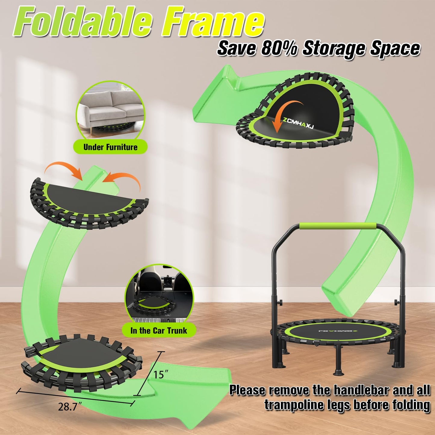 ZCMHAXJ Foldable Mini Trampoline, 40" Rebounder Trampoline for Adults & Kids, 450lbs Capacity with/without U/T-Shaped Adjustable Bar, Indoor Fitness Workout Exercise Equipment