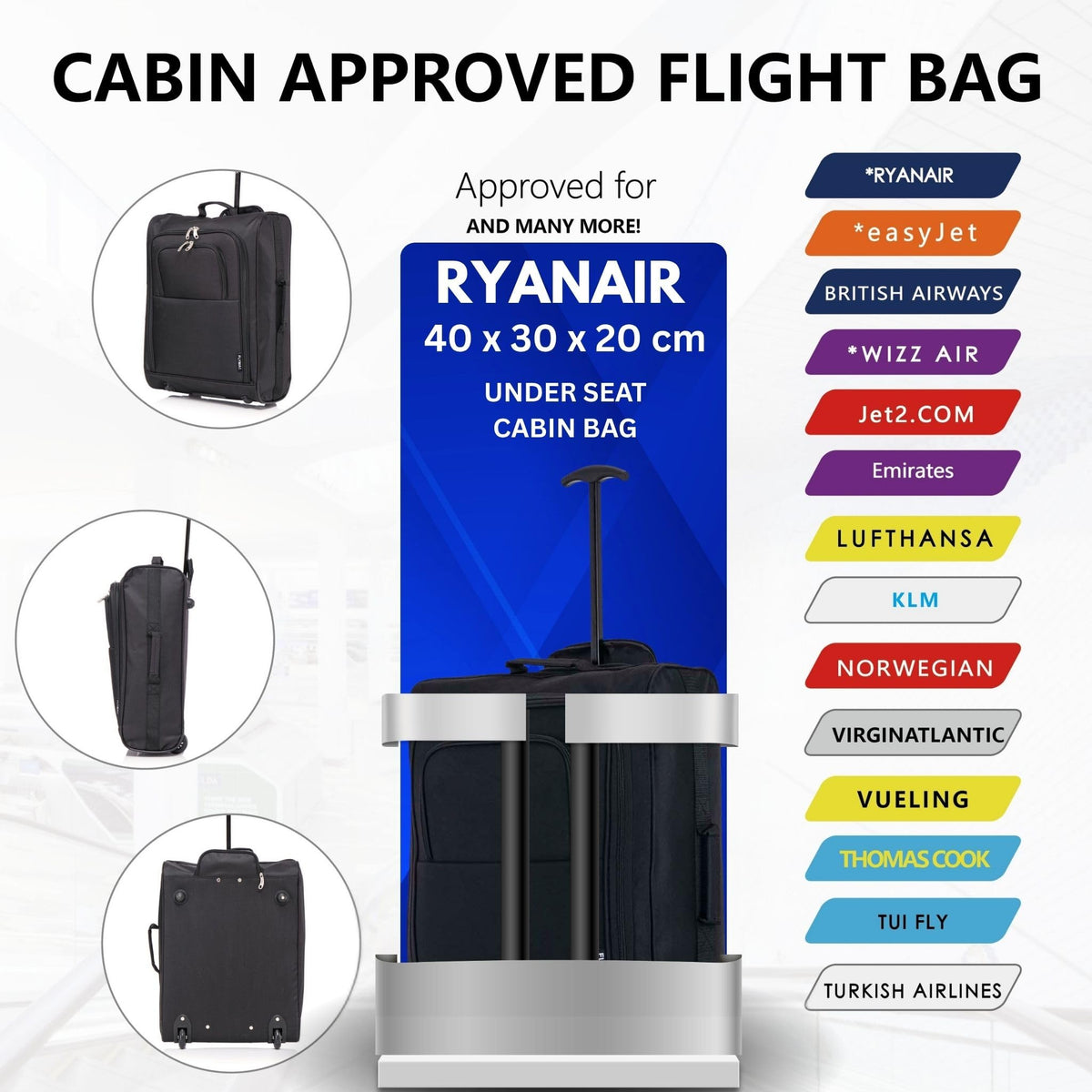 Easyjet 45x36x20 Carry on Suitcase Approved Underseat Cabin Bag Case Lightweight Hand Luggage 1.3kg 33L Black