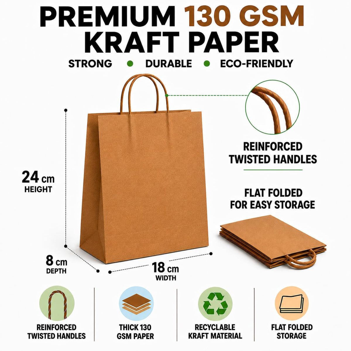 HURUC Brown Paper Bags with Handles 50 Pack Medium 130 GSM
