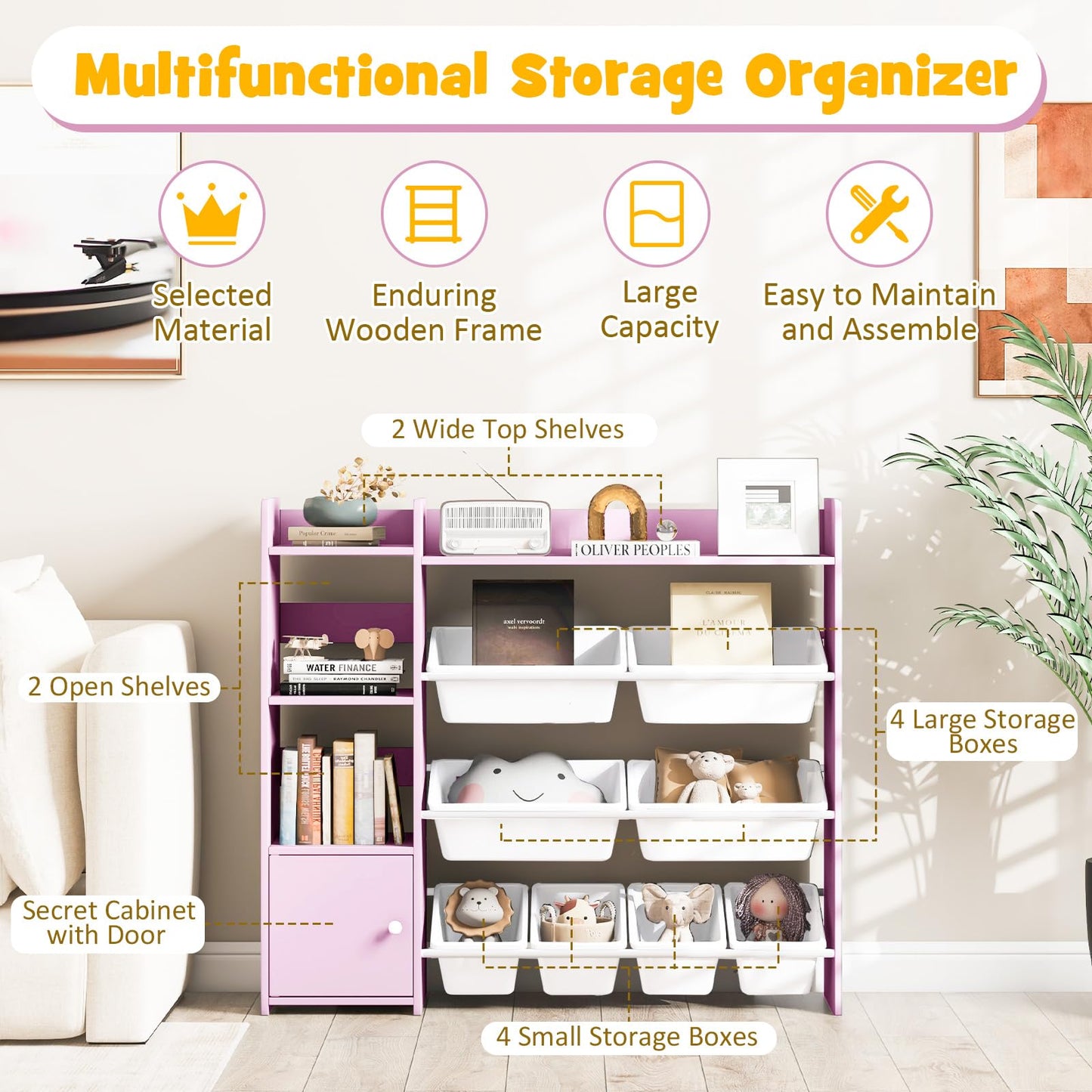 GYMAX Toy Storage Organizer, 4 Tiers Kids Bookshelf and Toy Storage Unit with 8 Bins, Open Shelves and Enclosed Cabinet, Children Bookcase for Playroom Bedroom Nursery (Pink)