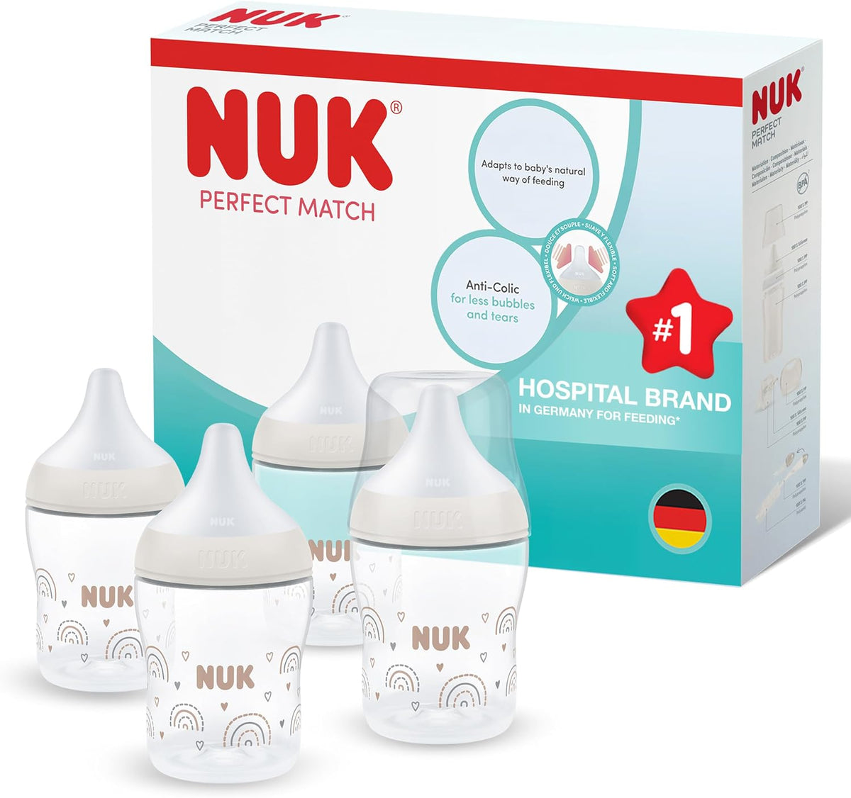NUK Perfect Match Newborn Baby Bottle Set | 0+ Months | 150ml | Anti Colic Feeding Bottle | PP | Temperature Control Indicator | Rainbow | 4 Count