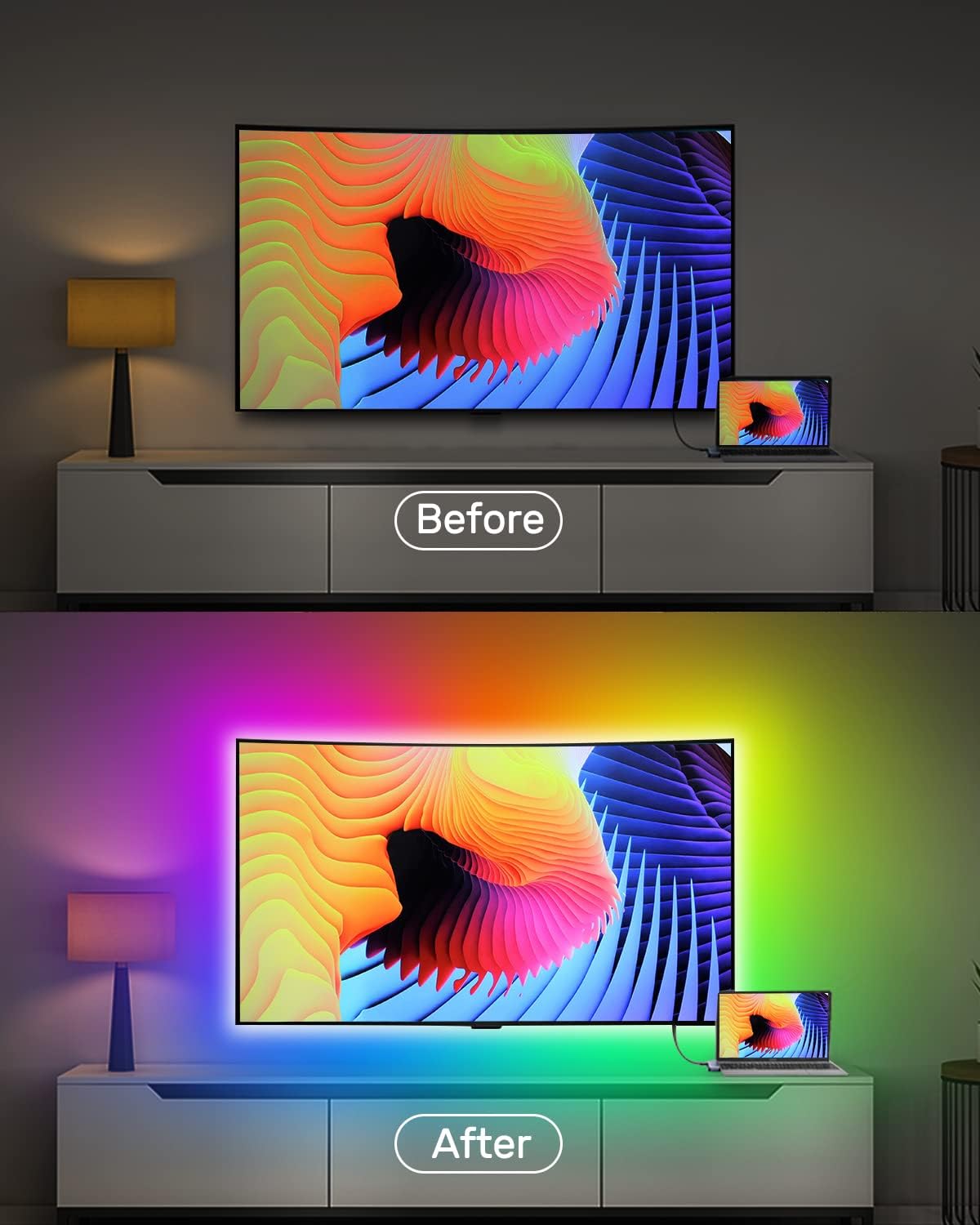 Daymeet TV Led Lights, 4M TV Led Backlight for Lights USB Powered RGBIC Light Strip for 55-75 inch Monitor Behind Lighting with Remote Music Sync Bluetooth APP Control