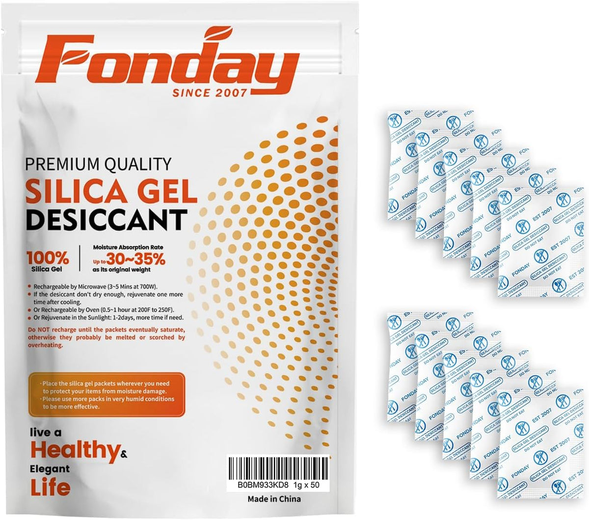1 Gram 50 Packets Fonday Food Grade Silica Gel Desiccant Packs
