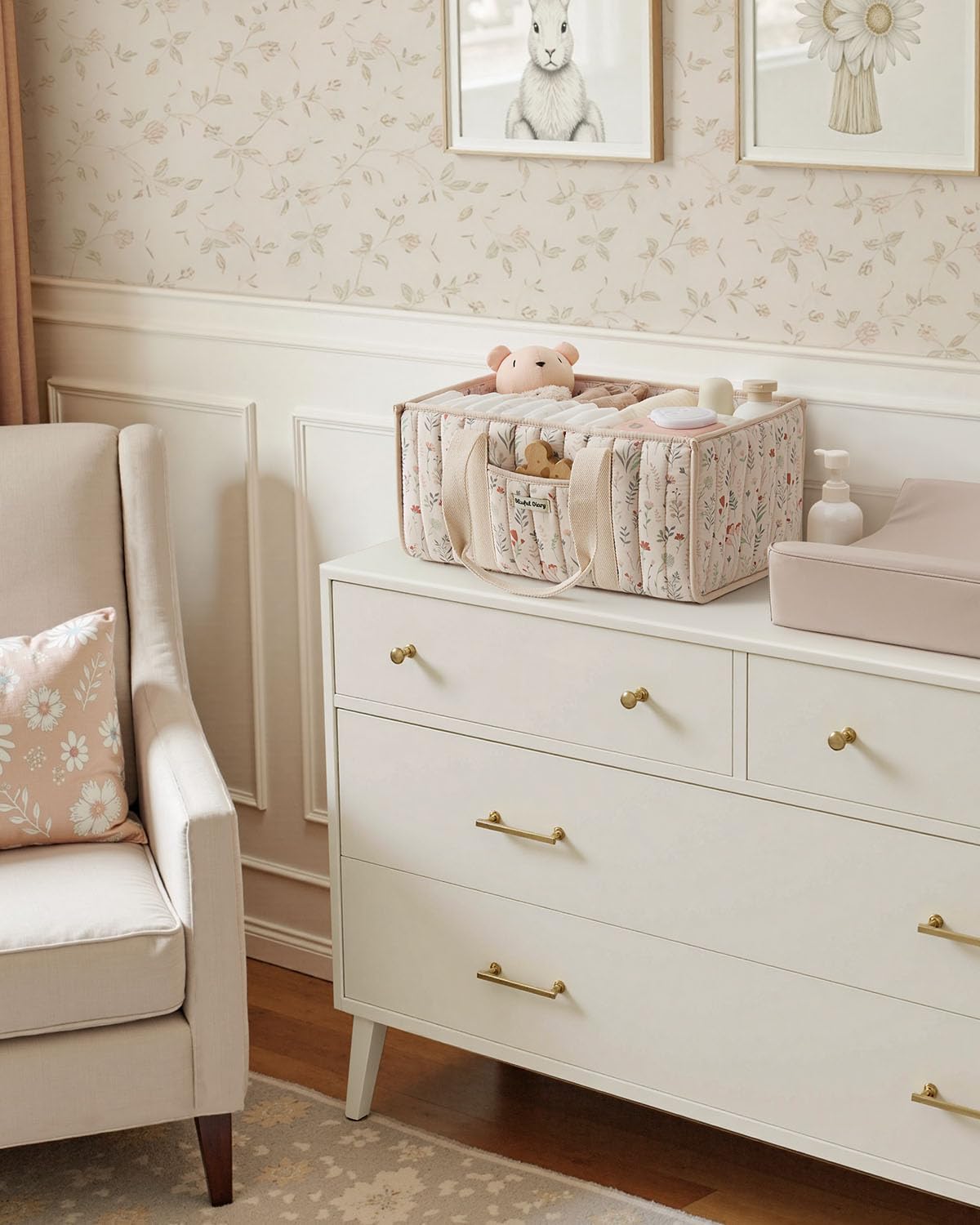 Blissful Diary Nappy Caddy Organiser, Baby Diaper Caddy for Nappy Station, Stylish Storage Basket for Newborn Essentials, Baby Shower Gifts for Girl or Boy, Woodland Cream