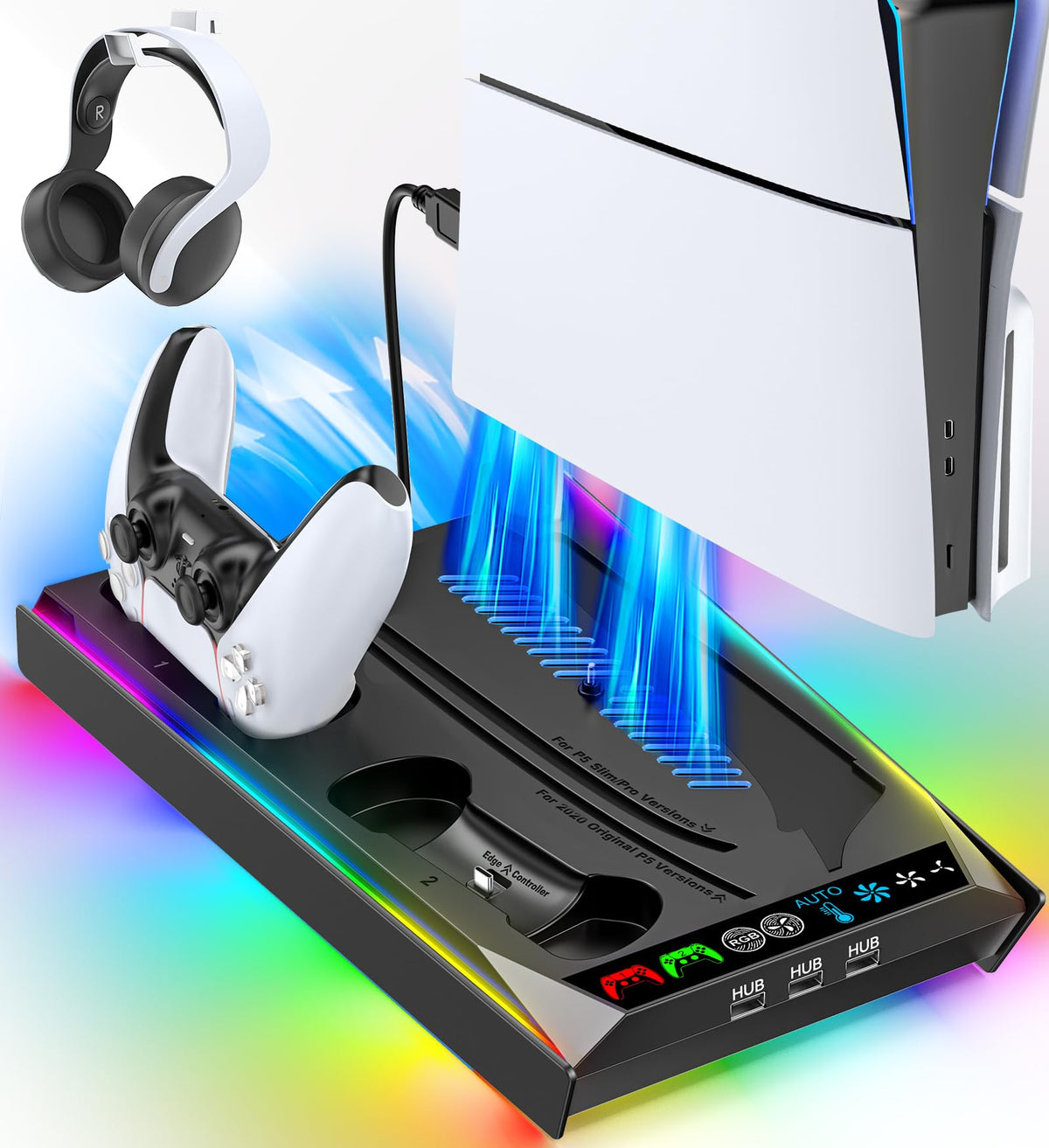 Rysker PS5/Slim/Pro Stand, PS5 Cooling Station Built-in 3-Level Cooling Fan & Fast Charger for Disc & Digital, PS 5 Accessories with Safety Screw and Headset Holder