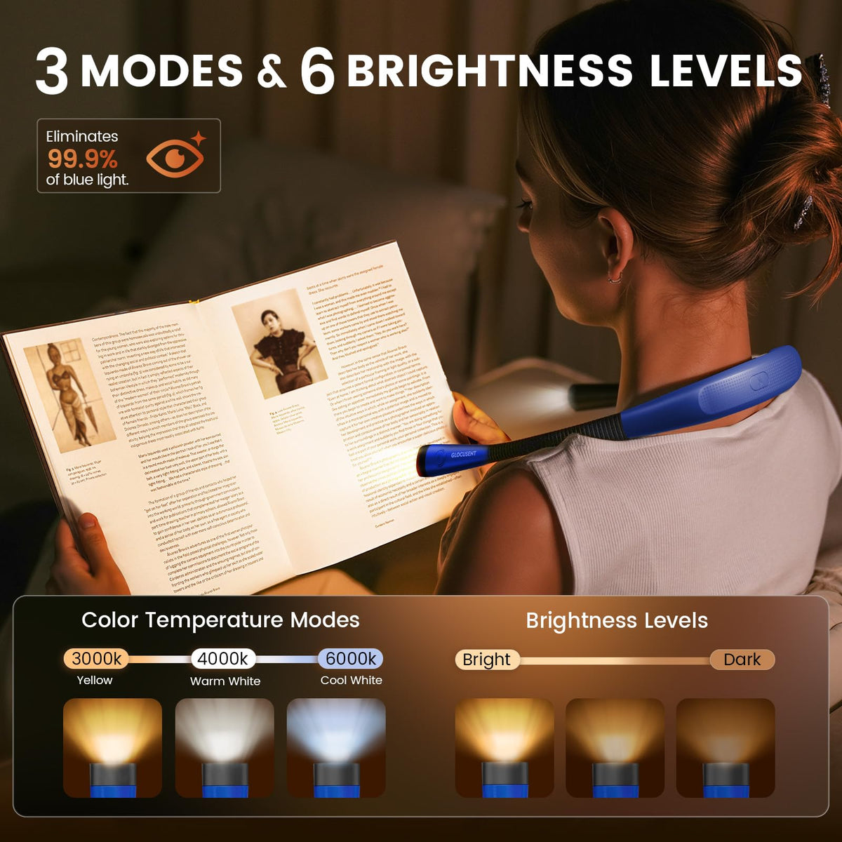 Glocusent Reading Light, Original LED Neck Lights 3 Colors 6 Brightness