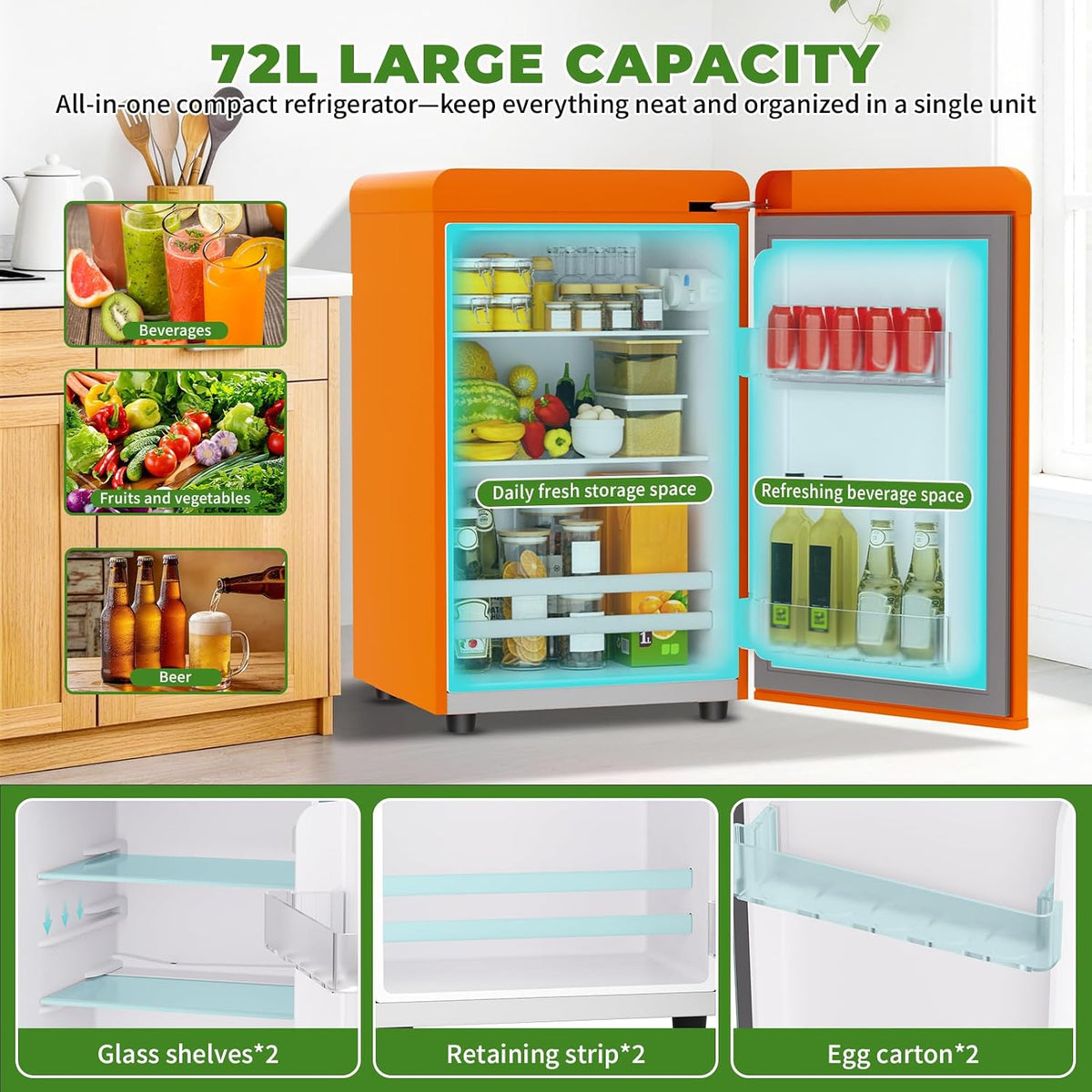 LIKEEM Retro Mini Fridge 72L, 43dB Quiet, Vintage LED Cooler, 7 Temp